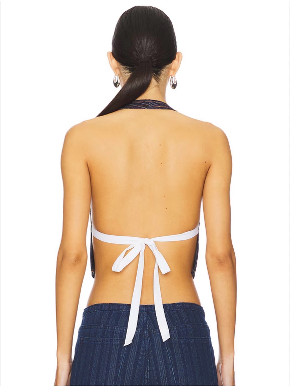 Lioness butterfly NWOT Navy Blue Halter Crop Top with White Tie